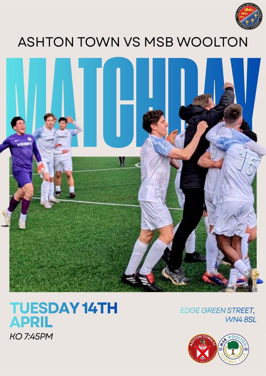 MSBWOOLTONFC's tweet photo. A look ahead to Tuesday night and we’re back on the road for our rearranged league game away at @ashtontownfc in @nwcfl 1st Division North

🗓️ Tues 14 April
🏟️ WN4 8SL
⏰ 7:45pm KO

#upthewoo https://t.co/juuueaZLsy
