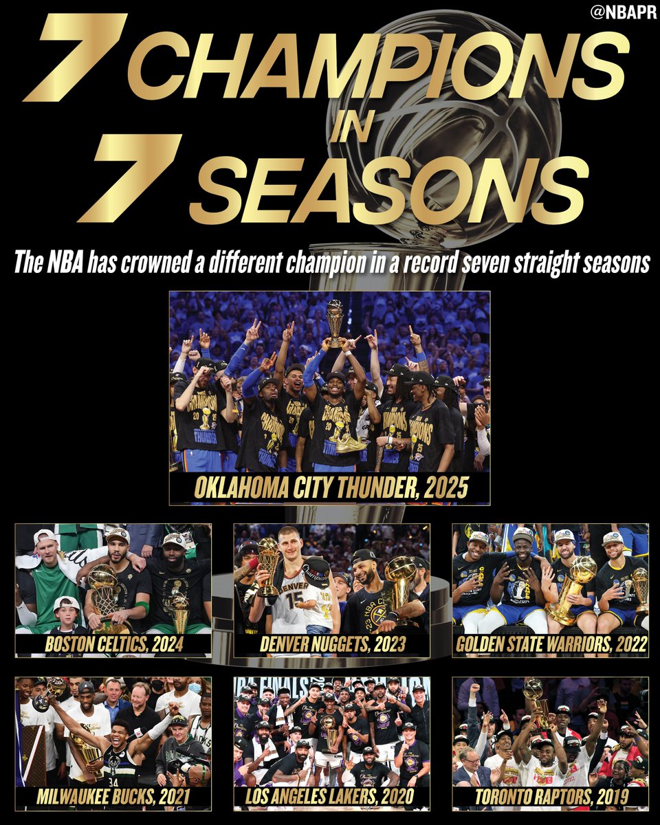 NBAPR's tweet photo. The NBA has crowned a different champion in each of the past seven seasons – the longest streak in league history.

With the 2026 NBA Playoffs presented by Google set to begin Saturday, who will lift the Larry O’Brien Trophy in June? https://t.co/bN442XKXCu