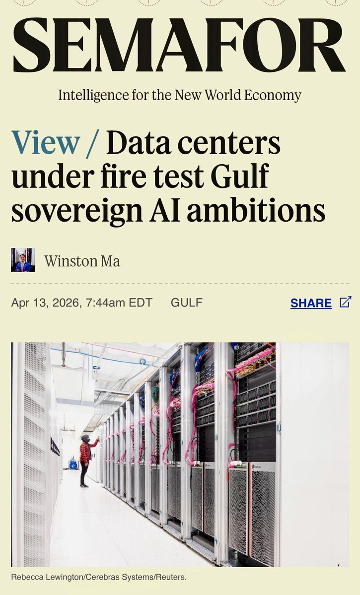 Winston_W_Ma's tweet image. Just published: my new Op-Ed in @semafor — out today as @IMFNews  #IMF World Bank Spring Meetings kick off in DC. Are Gulf SWF funds' #sovereign #AI ambitions proving “fireproof"? @nyulaw #nyu

Drone strikes hit 3 of 233 Gulf AI data centers. Workloads rerouted. System held.