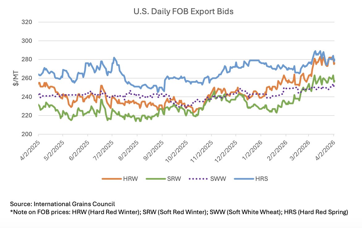 FarmPolicy's tweet image. 1/ U.S. #wheat #prices are up since the March WASDE. Hard Red Winter gained $4/ton to $273 and Soft Red Winter also ticked up $4/ton to $255.

From the @USDAForeignAg: tinyurl.com/bddebkup