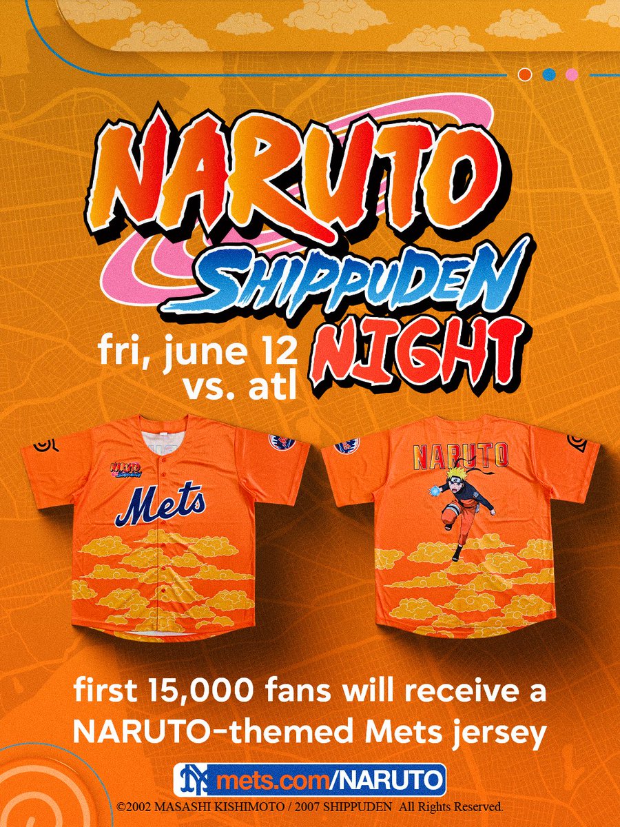 Mets's tweet image. SHADOW CLONE JUTSU 🧍💨🧍🧍

On Friday, June 12, the first 15,000 fans will receive a NARUTO-themed #Mets jersey for NARUTO Night! 🔥

🎟️👉 bit.ly/4cmfWaa