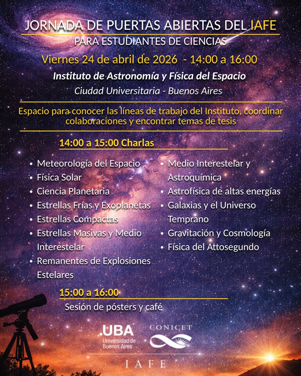 IAFE_Oficial's tweet photo. ¿Sos estudiantes de Astronomía, Física, Atmósfera, Datos ó carreras afines? Vení a conocer nuestras líneas de investigación y ofertas de proyectos: licenciatura, doctorado y postdoc

📅 24/04 | 14 a 16 hs
📍 Edificio IAFE, Ciudad Universitaria
☕ Charlas breves + Café y posters https://t.co/5PMwx5ryRO