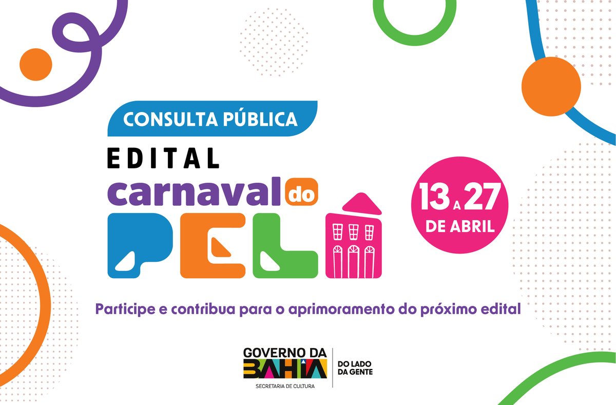 A Secretaria de Cultura da Bahia realiza, de 13 a 27/04, consulta pública para aprimorar o Edital Carnaval do Pelô. A ideia é ouvir agentes culturais e fortalecer a construção do carnaval no Pelourinho.
🔗 Participe: ba.gov.br/cultura/notici…