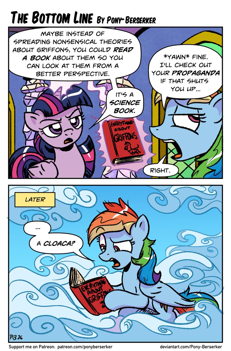PonyBerserker's tweet photo. A new comic. And before you go on a Mudbriar-esque rant - remember griffons have bird wings sticking out of their lion bodies but they still lay eggs soooo no one said which part of the body is from a lion and which one is from a bird. #MLP #humor #satire #comic #fanart https://t.co/GOkwht9xUU