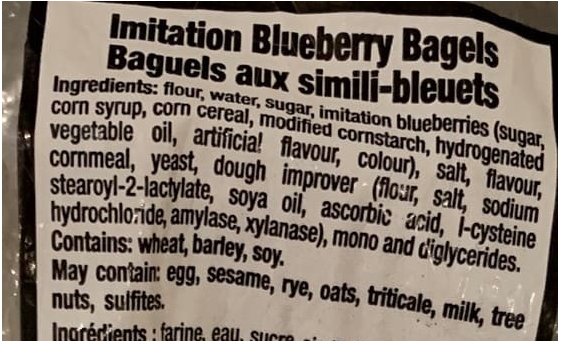 Did you know that Costco's "Blueberry" Bagels don't contain a SINGLE blueberry?!

Big Food really said "blueberries are too expensive, let's just make one" and engineered a NINE-ingredient impostor made of corn syrup, hydrogenated oil &amp; blue dye. 🥴

At least they put "imitation"