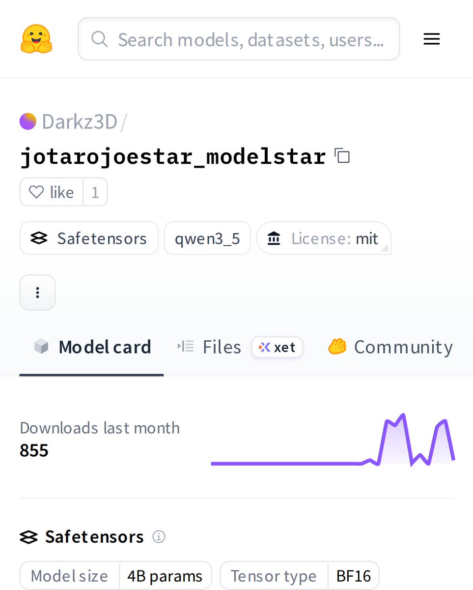 HuggingModels's tweet image. Meet jotarojoestar_modelstar: a specialized AI model that's gaining traction with 850+ downloads. This isn't just another generic model. It's built on the Qwen3.5 architecture, offering a focused capability that developers are actively exploring. Let's break down what makes it
