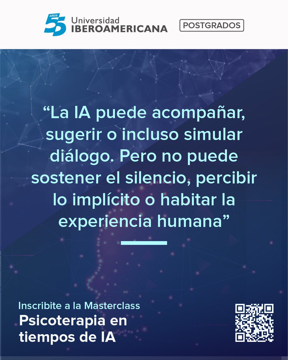 unibepy's tweet image. 🤖La Inteligencia Artificial está transformando todo, pero... ¿puede realmente entender el silencio de un paciente? Te invitamos a una Masterclass imperdible donde analizaremos la Psicoterapia en tiempos de IA. 
👉 Asegurá tu lugar aquí: forms.gle/JNQH6vNMn6SbTq…

#UnibePy