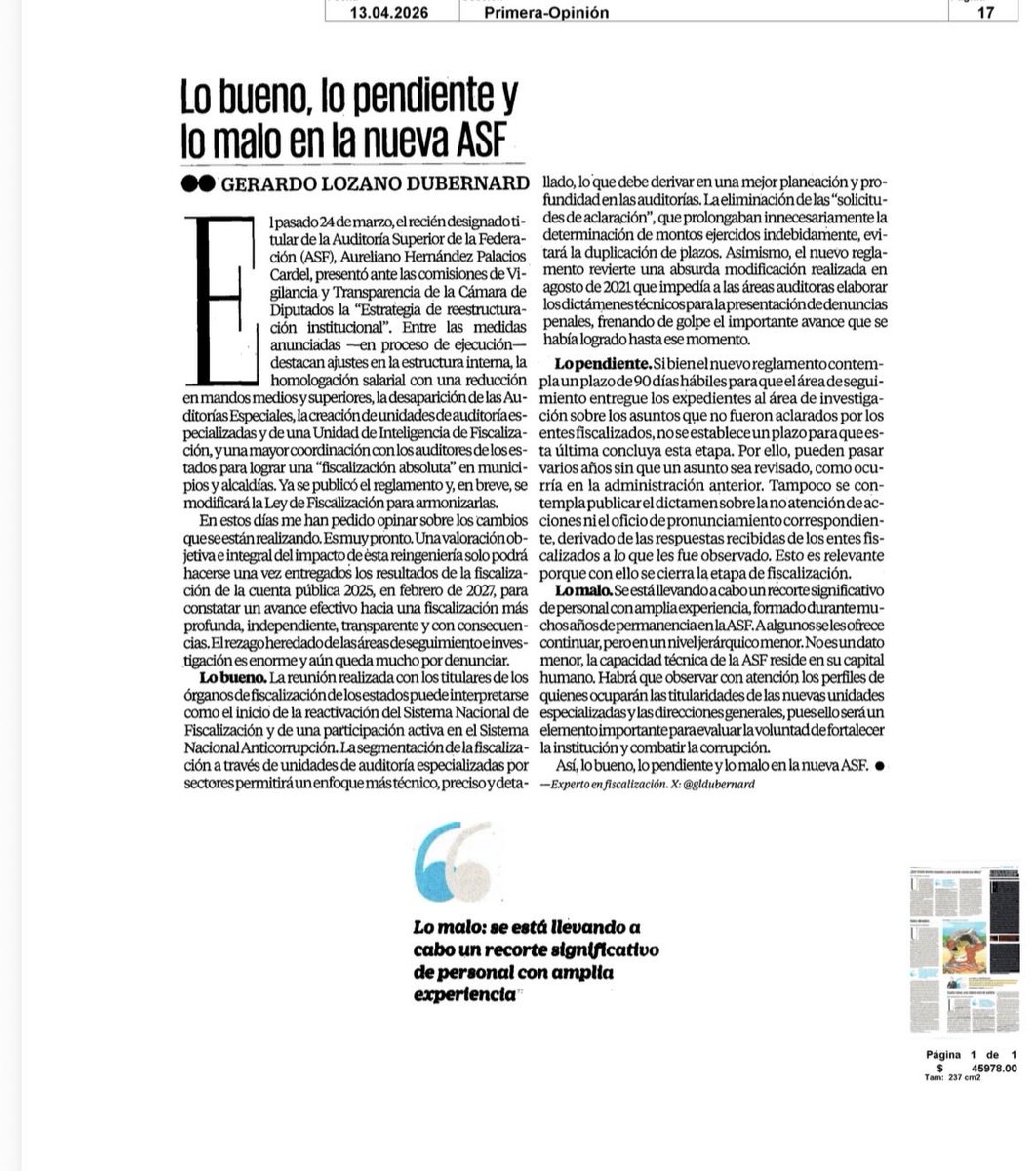 gldubernard's tweet image. #ULTIMAHORA
#ASF #IMPUNIDAD #Corrupción 

Te invito a leer mi columna de hoy en El Universal  "Lo bueno, lo pendiente y lo malo de la nueva ASF" @ASF_Mexico 

"Una valoración objetiva e integral del impacto de esta reingeniería solo podrá hacerse una vez entregados los resultados