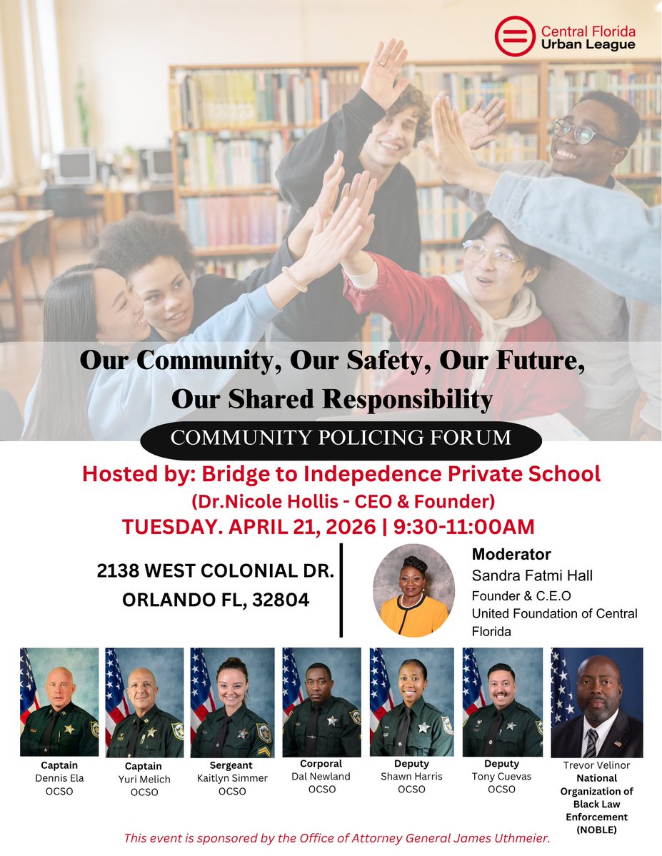 OrangeCoSheriff's tweet image. 🚨Community Policing Forum🚔:

Tuesday April 21, 2026, at (2138 W Colonial Dr, Orlando, FL) from 9:30 AM to 11:00 AM

A chance for law enforcement professionals to connect with the youth in our community. #MakingADifference