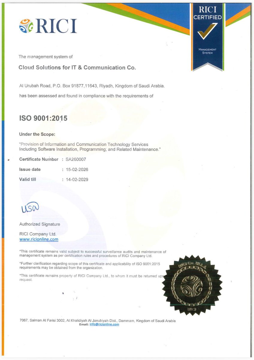 Cloud Solutions Achieves ISO 9001:2015 Certification

We are proud to announce that Cloud Solutions for IT &amp; Communication has been officially awarded the ISO 9001:2015 certification.

This achievement reflects our strong commitment to:

Delivering high quality ICT and digital