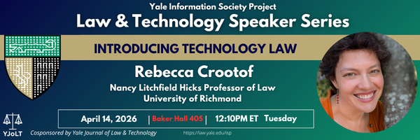 yaleisp's tweet photo. Tomorrow! We’re excited to host Prof. Rebecca Crootof (University of Richmond School of Law) for a talk titled: “Introducing Technology Law”.

Tuesday, April 14, 2026
12:10–1:30 PM
Baker Hall, Room 405

DM for Zoom details

Cosponsored by @YJoLT https://t.co/JHEORsGOG2