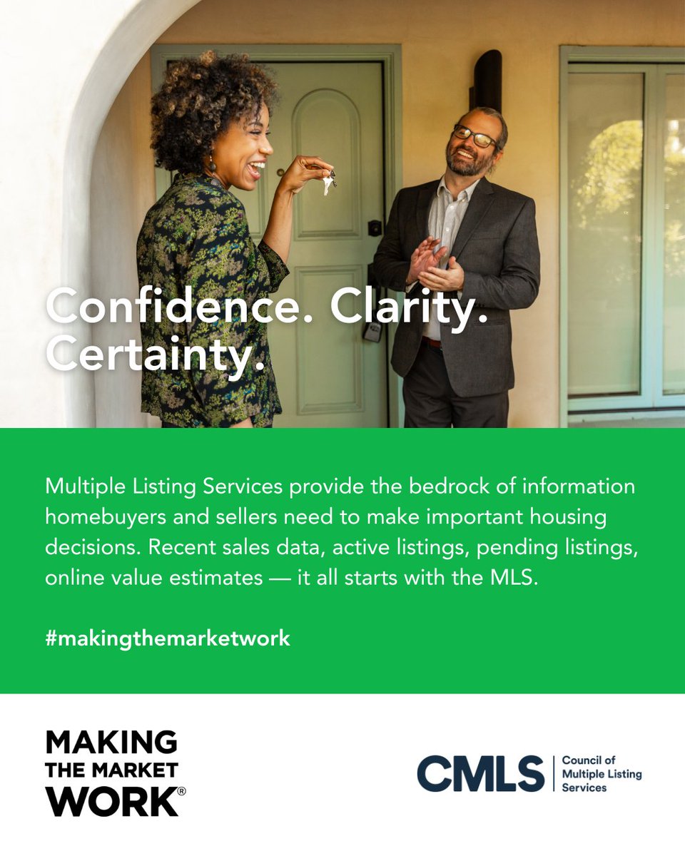 councilofmls's tweet photo. Confidence. Clarity. Certainty.
Multiple Listing Services provide the trusted information buyers and sellers need to make confident housing decisions. #makingthemarketwork https://t.co/5Ss1uLJMzC