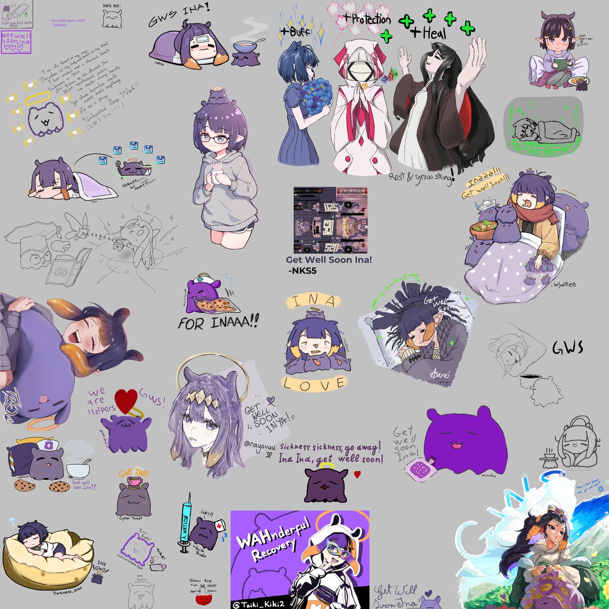 Takodachis's tweet image. We wish you good health and a speedy recovery Ina!
The Tentacult Discord Fanserver organized a drawing board to send our love, support, and warm wishes your way 💜
Thank you to all the takos that participated!! #inART #いなート #TAKOTIME