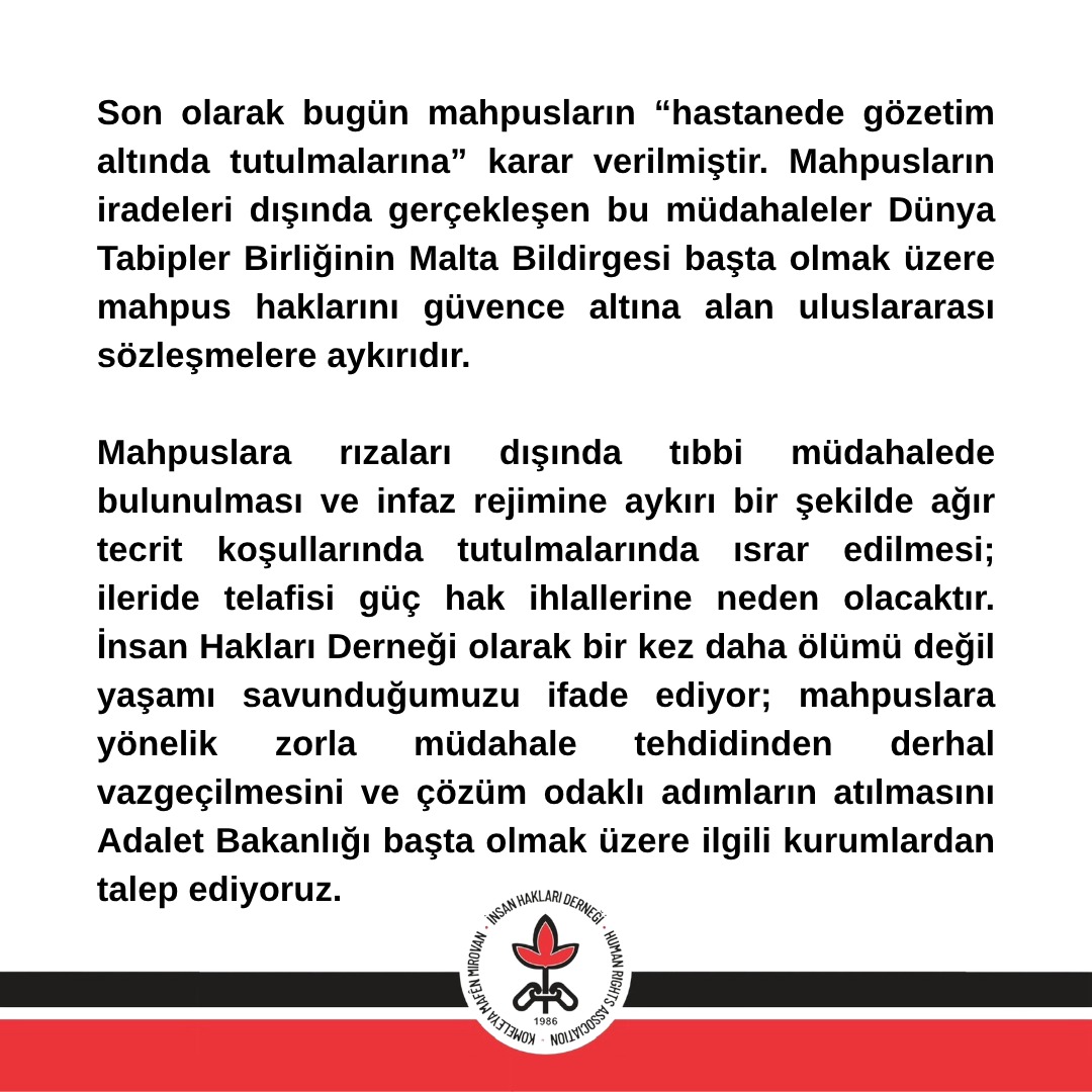 AÇLIK GREVİNDEKİ MAHPUSLARIN SEVK TALEPLERİ DERHAL KABUL EDİLMELİDİR ! 

Antalya Yüksek Güvenlikli Ceza İnfaz Kurumunda tutulan Tahsin Sağaltıcı ve Gürkan Türkoğlu 259 gündür, Hüseyin Özen ise 239 gündür açlık grevi eylemini sürdürmektedir. 

Mahpuslar, insancıl koşullarda