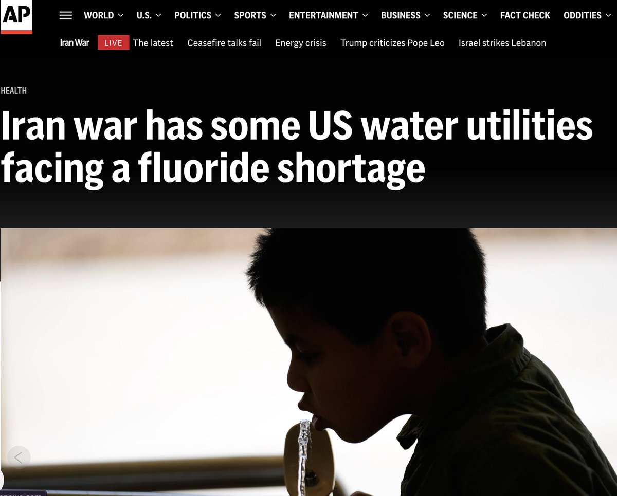 JeffereyJaxen's tweet photo. Iran war has some US water utilities facing a fluoride shortage

Alternative headline:
Iran war raising IQ levels of American children