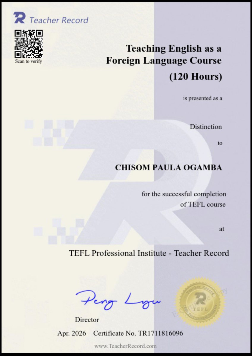 CP_Ogamba's tweet image. Hi Peter, I went ahead and took the EFSET test the same night you posted this and also completed the 120hrs TEFL course and passed (with a distinction), my certificate was sent to me today 😊. One thing about me, I love upgrading my skills and certifications!!!