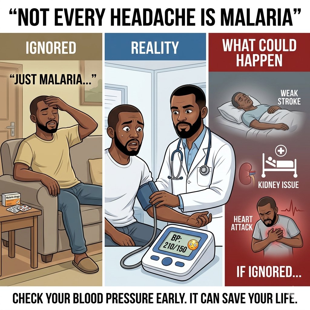 chabrophyll's tweet photo. Not every headache is malaria.
​A patient walked in complaining of a simple headache. He almost stayed home to treat "malaria." The reality? His blood pressure was 210/150 mmHg—a silent disaster waiting to happen. ​Don't wait for your body to start screaming. Check your BP today. https://t.co/XbKgEszNCs