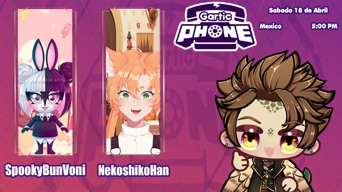 El segundo par de integrantes para el Sabado otros camaradas animalisticos <a href="/cioccoreto/">ᐯOᑎI ✦ Comms Open</a> o Voni para los panas la querida coneja que siempre sorprende cuantos estilos tiene y el increible creador de contenido <a href="/NekoshikoHan/">Nekoshiko Han</a> que aparte de apoyar sabe dibujar.

#Vtuber #GarticPhone