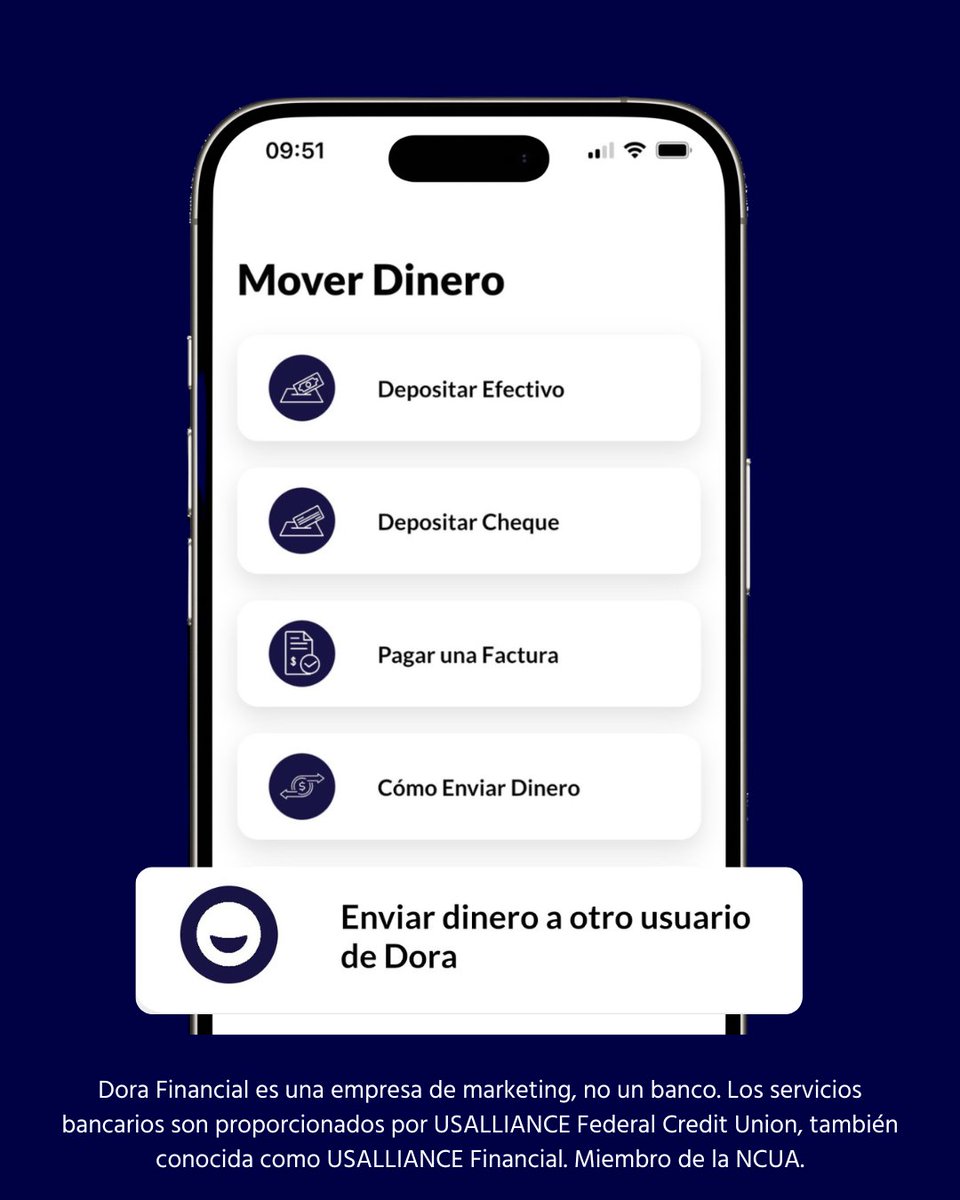 DoraFinancial's tweet photo. Enviar dinero entre cuentas Dora es fácil, rápido y sin cargos.

Con Dora a Dora, tu dinero se mueve sin complicaciones.

Porque tu dinero es tuyo. 💙 https://t.co/wZy4ssuIjY