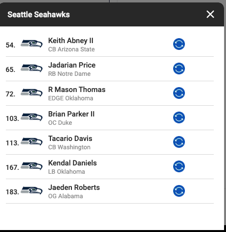 ForsterMichael9's tweet photo. My one and only 2026 Seahawks mock. Liking the trades and double-ups at CB and IOL https://t.co/HqUZkQdNeQ