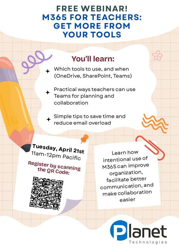 sethfewell's tweet photo. Join Planet Technologies for a free webinar designed specifically for K-12 teachers. Learn how to use the Microsoft 365 tools you already have to stay organized, communicate, find information easily, and collaborate without adding extra work to your day. 

https://t.co/mNBeEQZcvz https://t.co/Tq3MrFCLAN
