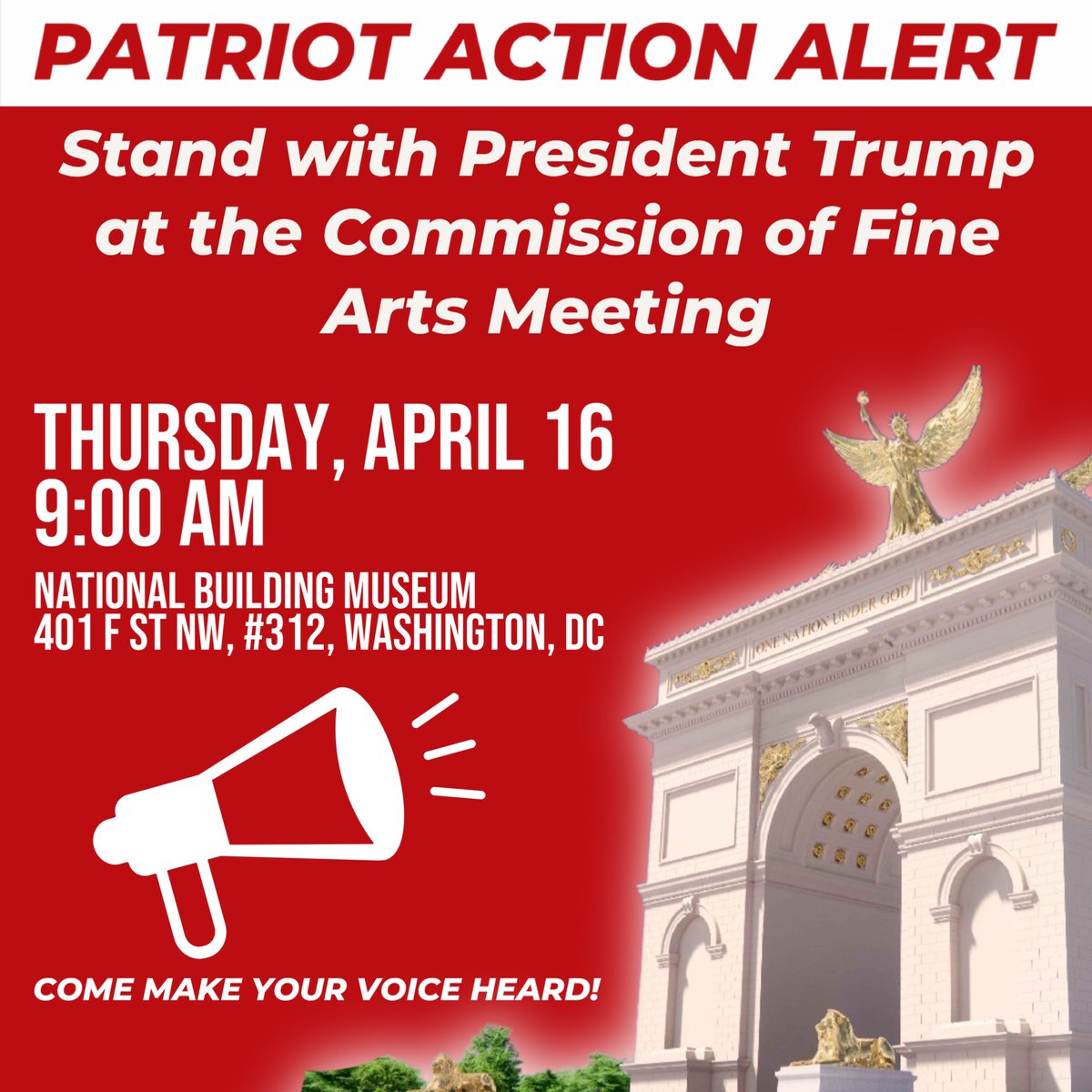 🚨🚨🚨 ARCH ALERT 🚨 🚨 🚨 

This THURS, April 16 at 9:00 AM there is a hearing about building the Big Beautiful Arch.

We need YOU to come support the ARCH. 

WHEN:
THIS Thursday, April 16 @ 9:00am
(Please show up @ 8:00am)

WHERE:
National Building Museum
401 F Street NW