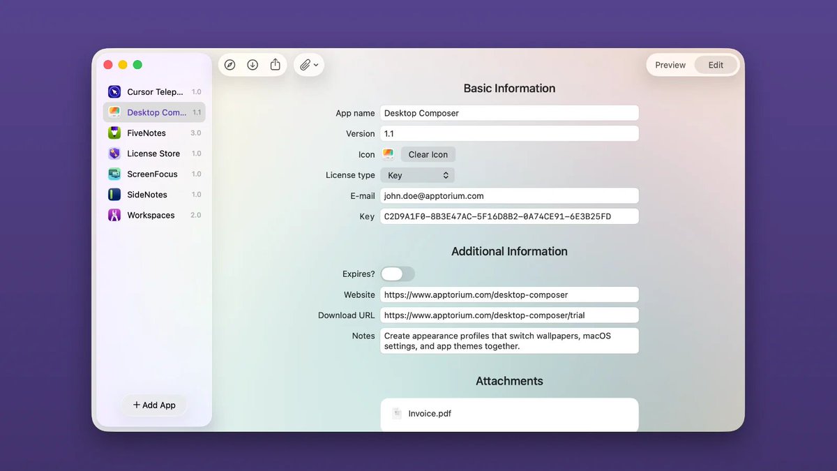 apptorium's tweet photo. We spent a lot of time on the interface.

License Store has separate Preview and Edit views, and the background adapts to the colors of the selected app icon, so it feels more alive and less like a generic database. https://t.co/xcTWIgFhob