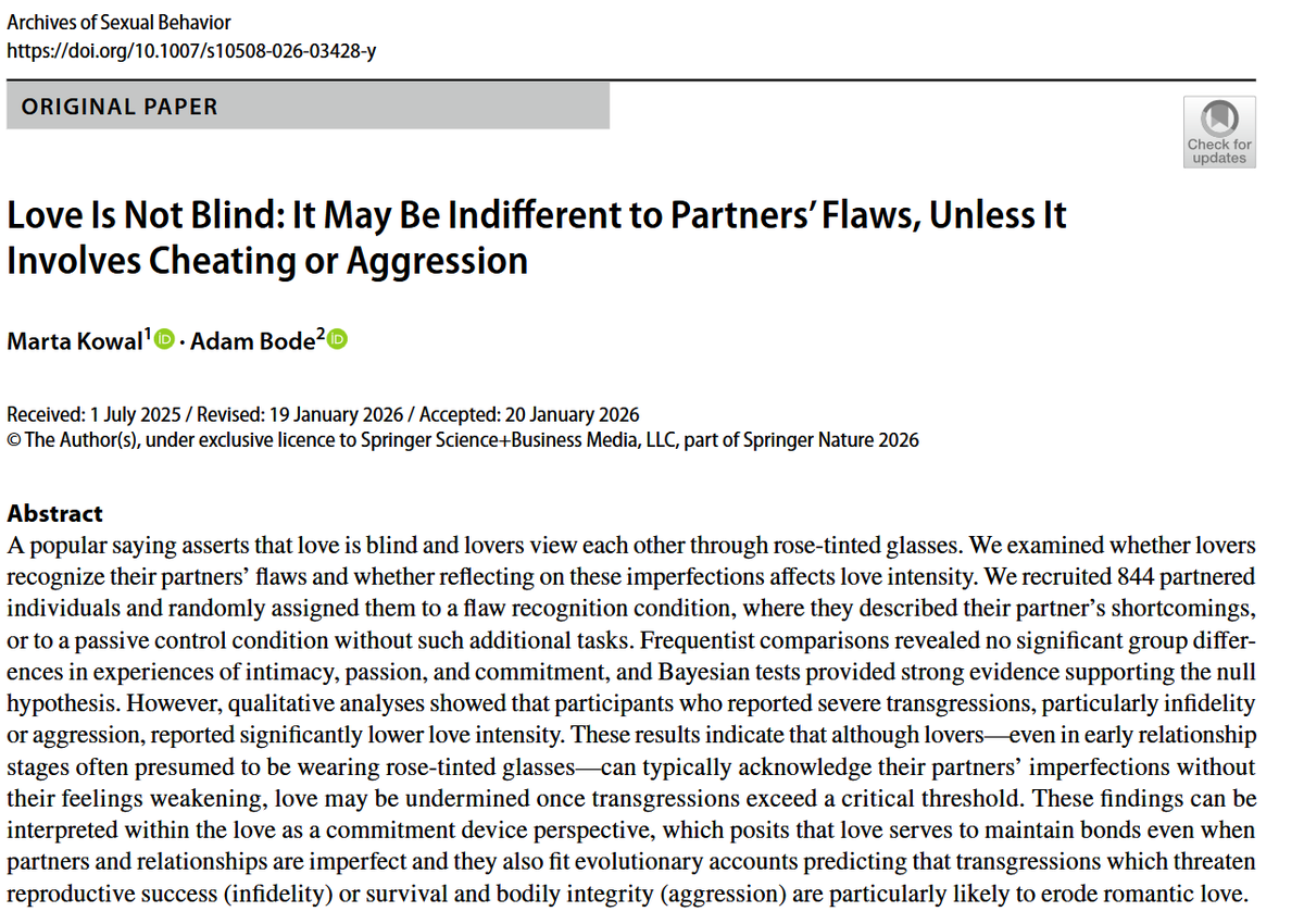 Marta7Kowal's tweet photo. 1/3 Contrary to Shakespeare’s assertion that “love is blind and lovers cannot see the pretty follies that themselves commit” our study provides evidence that lovers easily recognize their partners’ flaws. 97% of participants identified at least 1 flaw of their partners. https://t.co/kRD49JtH9z
