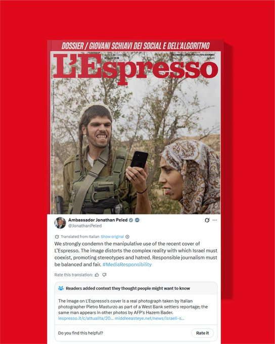 ferozwala's tweet image. Israel’s ambassador to Italy slams L’Espresso cover on 'ABUSE' by settlers as 'manipulative' 

 Gets hit with community notes: 'IMAGE IS REAL taken by Italian photographer'
@RT_com