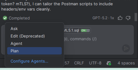 GitHub Copilot mode selector showing Ask, Edit Deprecated, Agent, and Plan options