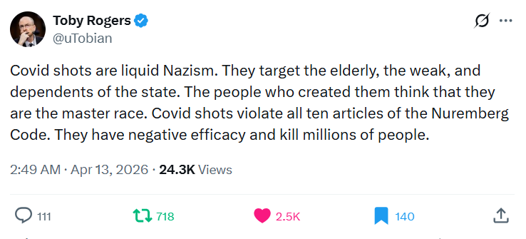 GoogleExpertUK's tweet image. Covid shots are liquid #Nazism
Targeting elderly, weak &amp;amp; dependents of state.
People who created them think that they are 'the master race'.
Covid shots violate all ten articles of #NurembergCode. Have negative efficacy &amp;amp; kill millions of people.
@uTobian 
x.com/uTobian/status…