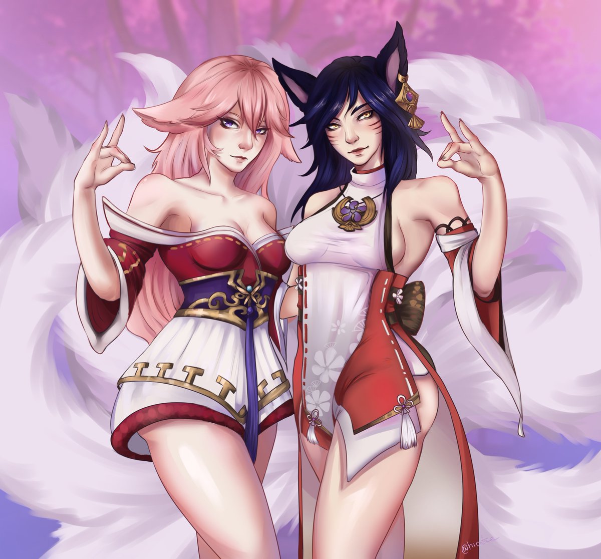 hiodze's tweet image. Ahri and Yae Miko outfit swap ~ (repost)

#ahri #yaemiko #smallartist