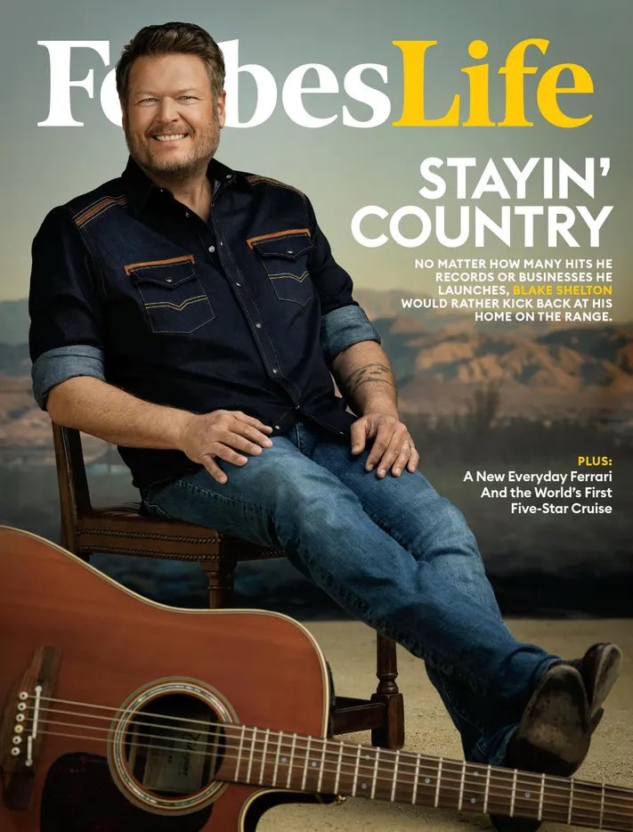 blakeshelton's tweet photo. Blake sat down with @Forbes to talk about his 31 number 1 singles, his time at The Voice, Ole Red, upcoming Vegas residency, and more! Check out the cover story now. -Team BS https://t.co/brMUX7FUK0 https://t.co/VG2F65TdSQ