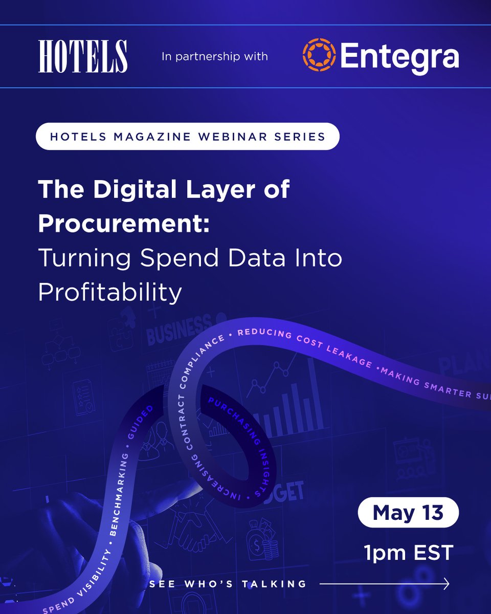 HOTELSmagazine's tweet image. Join HOTELS Magazine’s upcoming webinar on turning spend data into profitability with David Eisen, Entegra's Debbie Shepard and PM Hotel Group's Kirk Pederson.

📅 May 13, 1 pm EST. FREE register: events.zoom.us/ev/AtE8Wg9djb3… 

#hotelprocurement #hoteloperations #datainsights #webinar