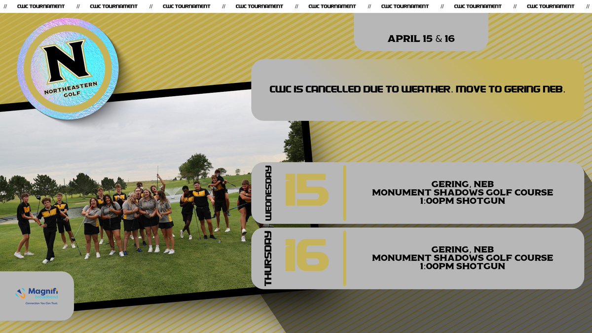 NJCGolf's tweet photo. Tournament relocated! The CWC is moving to Gering, Nebraska for April 15 &amp; 16. Our Golf team is prepared and ready to compete. Go team! #NJCGolf https://t.co/0yuqiYWoj5