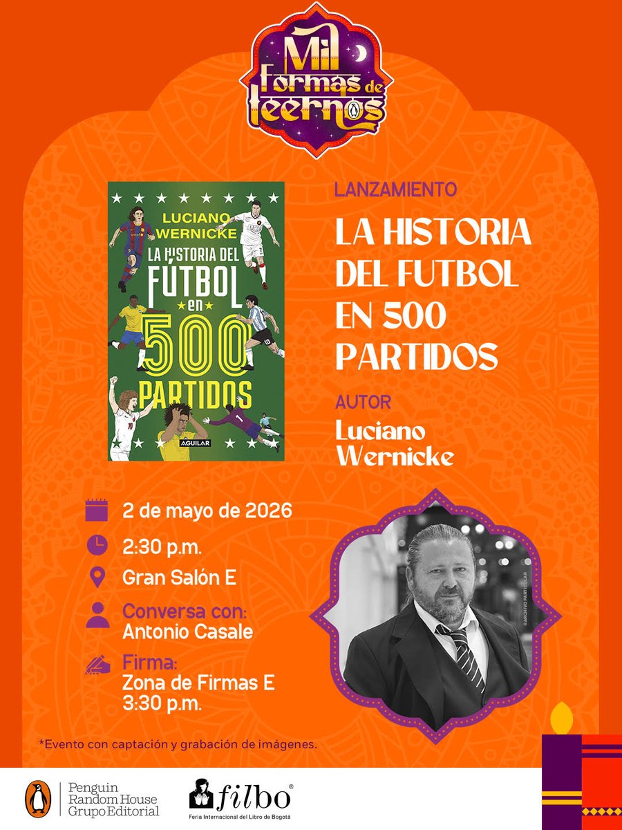 El próximo 2 de mayo, en la <a href="/FILBogota/">FeriadelLibroBogotá</a> , presentaré junto a mi amigo <a href="/CasaleSports/">Antonio Casale</a> mi nuevo libro, "La historia del fútbol en 500 partidos", publicado por <a href="/Penguinlibrosco/">Penguin Colombia</a> . Si visitan la feria ese día, pasaremos un lindo momento debatiendo sobre el deporte más hermoso!