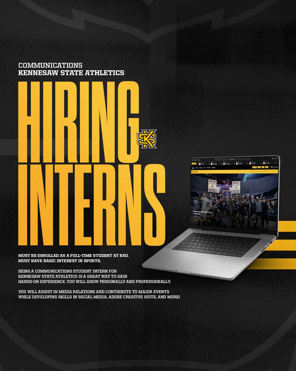 KSUOwlNation's tweet photo. 🚨 Student Internships Available! 🚨

The Kennesaw State Athletic Communications office is seeking motivated students to join our team!

Interns will have the opportunity to gain experience in:
📣 Media Relations
📱 Social Media
🏟️ Event Hosting
🎨 Graphic Design
…and more!

Apply now!

https://t.co/sLq5q8wP2Y

#HootyHoo 🏈🏀⚾️🏐⚽︎🥎🎾⛳️🏃🥍