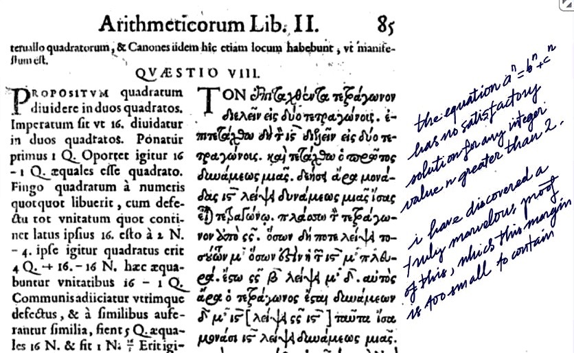 dialektico's tweet photo. Sin duda la trolleada más histórica de las matemáticas fue la de Fermat en 1637, quien, refiriéndose a una terna pitagórica particular, escribió sobre el margen de un antiguo libro:
"He descubierto sobre esto una demostración maravillosa, pero este margen es demasiado pequeño para que quepa en él."

No cupo ahí, ni en el ancho de las mentes de cientos (tal vez miles) de matemáticos que intentaron hallar tal demostración. Fermat se llevó su supuesta comprobación a la tumba, y pasaron más de 350 años para que un matemático (Andrew Wiles) pudiera escribirla en un texto de más de 100 páginas.