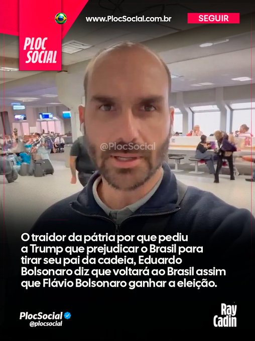 BrasilPost13's tweet photo. O Traidor da pátria que pediu a Donald Trump que prejudicasse o Brasil para tirar seu pai da cadeia, Eduardo Bolsonaro diz que voltará ao Brasil assim que Flávio Bolsonaro ganhar a eleição.

Nós contamos ou vocês contam que o Vagabundo Rachador jamais vencerá Lula ???    🤣    👇 https://t.co/zYKIOZwvRz
