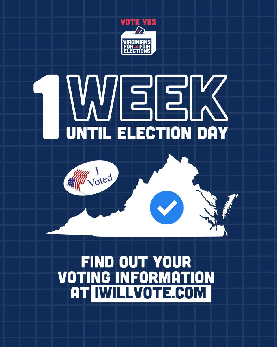 FairElectionsVA's tweet image. Election Day is in JUST ONE WEEK!

Trump and his MAGA allies are trying to rig elections across the country. The power to stop them is in your hands.

Make a plan to vote YES at IWillVote.com.
