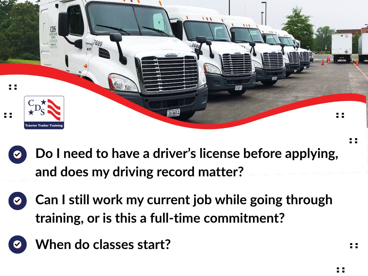 cds4acdl's tweet photo. CDL FAQs:

- Need a license + clean record? Yes.
- Can you keep your current job? Also yes, we have flexible class time options.
- When do classes start? We offer day and evening classes, so it depends on your preference!

Visit  https://t.co/NNLvXkr5SH and apply today! 🚛 https://t.co/v9BLqaEgim