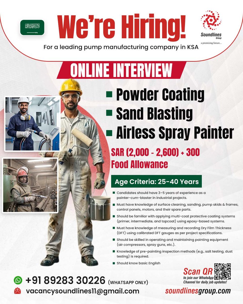 GroupSoundlines's tweet image. We're Hiring!

For a leading pump manufacturing company in KSA

📌 To apply kindly send your resume to vacancysoundlines11@gmail.com

📌 Positions:

✔️Powder Coating

✔️Sand Blasting

✔️Airless Spray Painter

✔️SAR (2,000-2,600) + 300 Food Allowance

#ksa #ksajobs #jobseekers