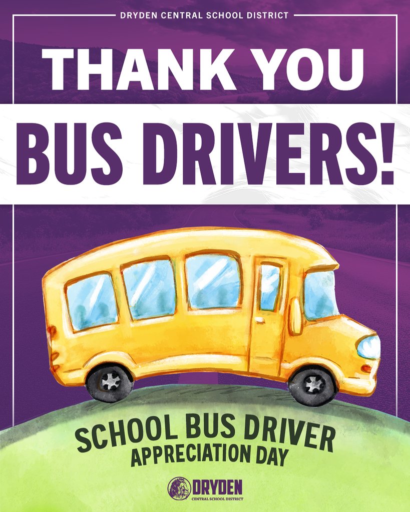 DrydenLionPride's tweet image. Happy School Bus Driver Appreciation Day! 🚌
Thank you for being the first smile in the morning, and the last goodbye in the afternoon. Your dedication to safely transporting our precious cargo to and from school each day does not go unnoticed! #ThankYouBusDrivers
#LionPride! 💜