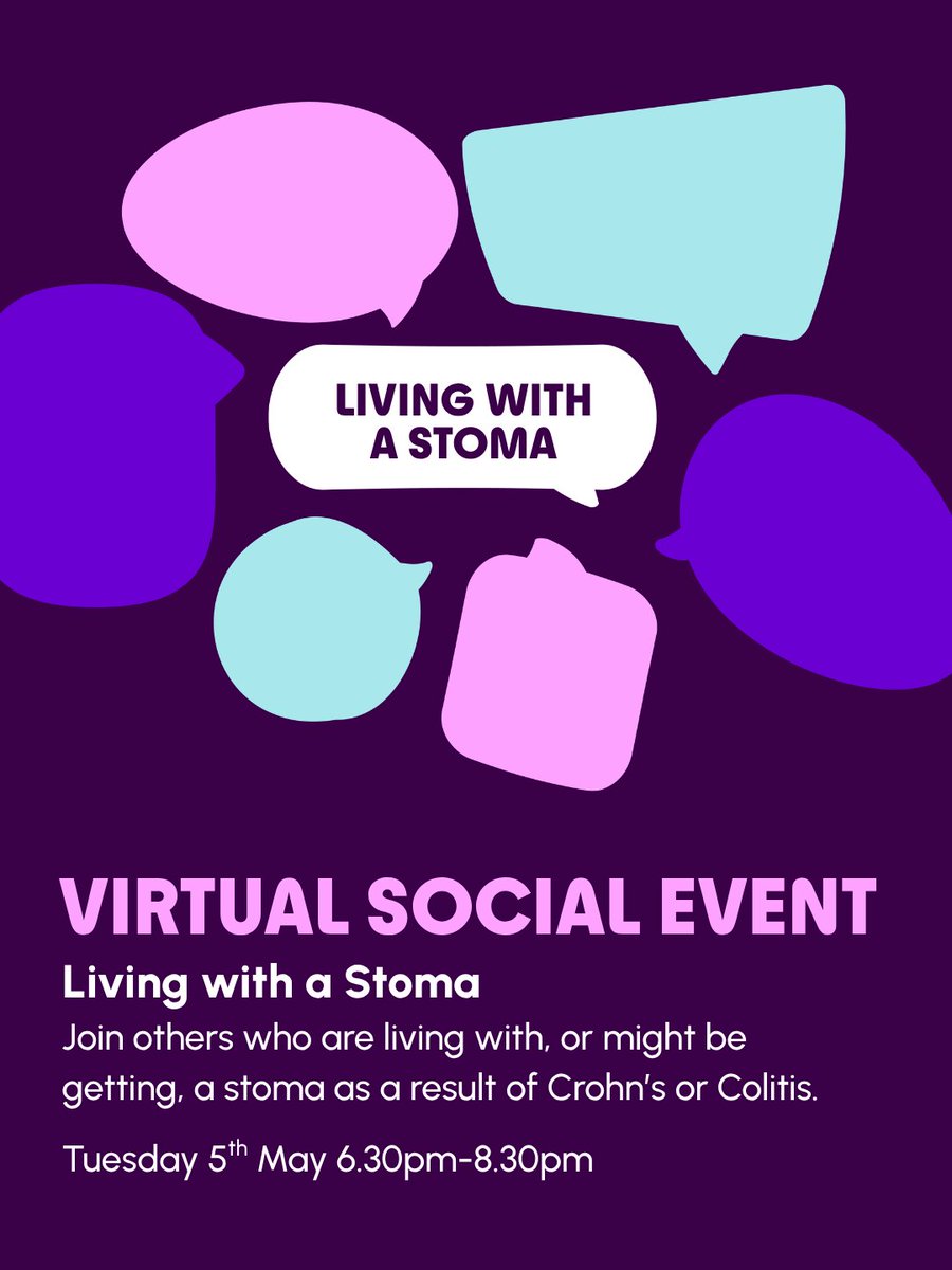 CrohnsColitisUK's tweet image. Do you have Crohn's or Colitis? Are you living with a stoma or might be getting one? You're not alone. Join us on 5th May at 6.30pm to chat to others going through similar experiences.

Register via the link below: 
ow.ly/I5Xa50YP8cc

#Stoma #Crohns #Colitis #Ostomate