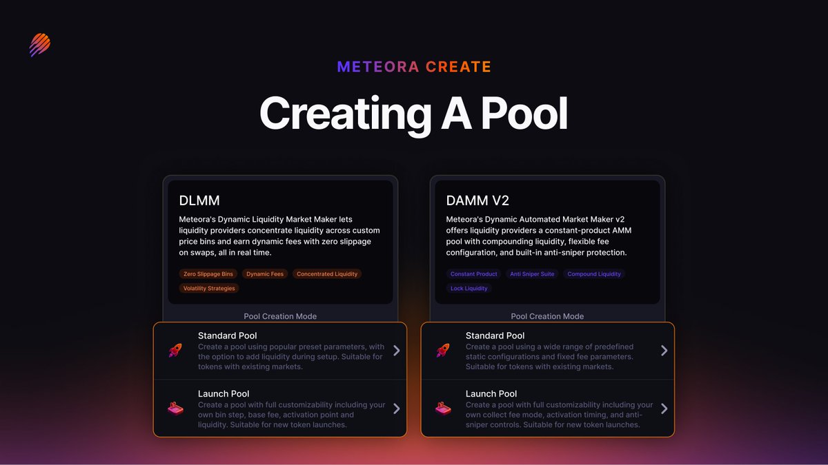 Last week, we launched Meteora Create: every DLMM &amp; DAMM v2 setting, in one pool creation process.

Here’s how to create your first pool, explained by <a href="/dannxbt/">dann</a>: 🧵