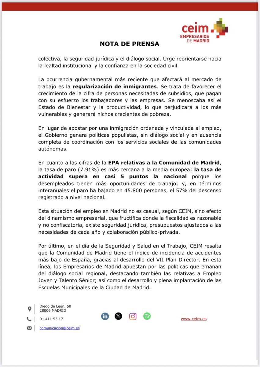 _CEIM_'s tweet photo. 🔴 #ComunicadoCEIM | Tras publicarse los datos de la #EPA, @_CEIM_ estima que la sobrecarga de #cotizaciones e #impuestos sobre empresas y trabajadores es la causa del fuerte incremento de la tasa de paro en España.

👉 Los empresarios madrileños urgen al Gobierno central que revierta ataque constante a la #productividad, el valor #trabajo, la #NegociaciónColectiva, la #SeguridadJurídica y el #DiálogoSocial.

👇👇