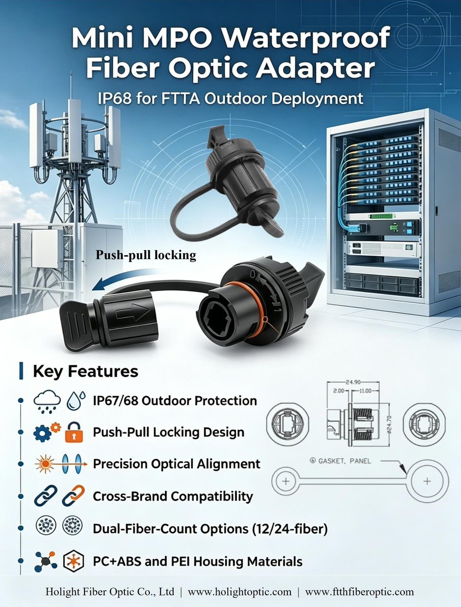 Justin323758001's tweet image. 🔌 Mini MPO Waterproof Fiber Optic Adapter

🏢 HOLIGHT Fiber Optic Solutions
📧 Email: Justin@holightoptic.com
🌐 Website: holightoptic.com
📱 WhatsApp: +8618373399411

#FiberOptic #MPO #WaterproofAdapter #FTTA #OutdoorFiber #FiberAdapter #TelecomEquipment #FiberNetwork