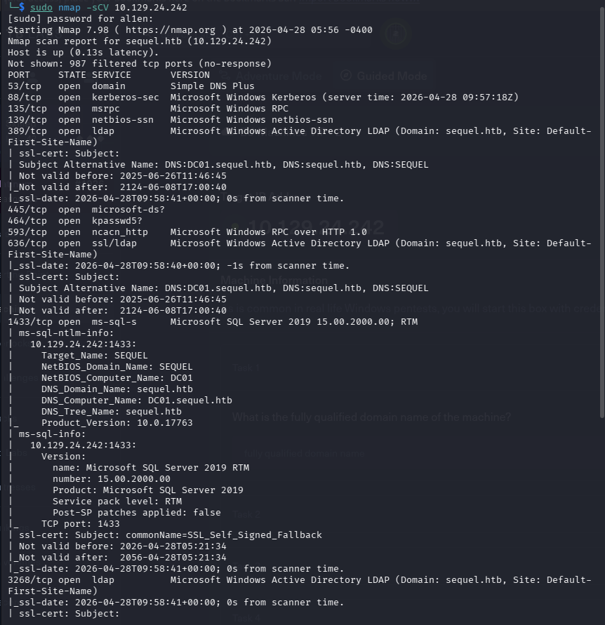 al1enr00t's tweet image. nmap says Windows DC.
53 88 389 445 1433 5985.
MSSQL on a DC is always a gift. 🎯

#ActiveDirectory #Nmap #PenTest #MSSQL