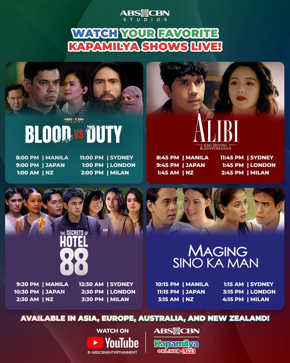 ABSCBN's tweet image. #PrimetimeBida is keeping us on the edge of our seats! 😳 ‘Wag kayong magpapahuli sa mga hiwagang ibinubunyag dito!
 
Watch #BloodVsDuty, #TheAlibiAngBuongKatotohanan, #TheSecretsofHotel88, and #MagingSinoKaMan LIVE on #KapamilyaOnlineLive!