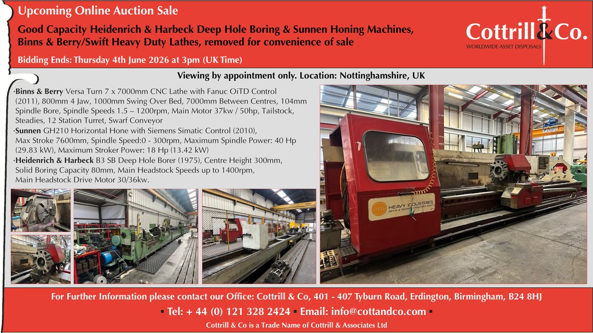 Cottrill_and_Co's tweet image. 📆 Online #Auction Sale - 4 Jun 26 - Good Capacity Heidenrich &amp;amp; Harbeck Deep Hole Boring &amp;amp; Sunnen Honing Machines, Binns &amp;amp; Berry/Swift Heavy Duty Lathes #cnc #EngineeringUK #engineering #ukmfg #usedmachines #manufacturinguk #manufacturing

Link to Auction: cottandco.com/en/lots/auctio…